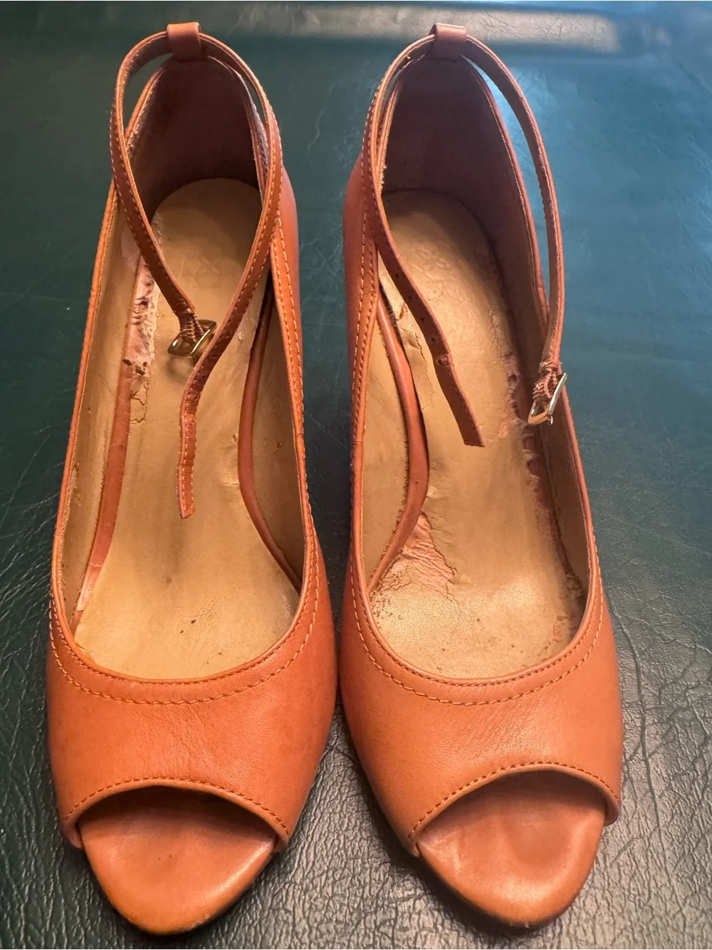 Ann Taylor Women's Camel/Tan Leather Peep-Toe Ivory Wedge Heels